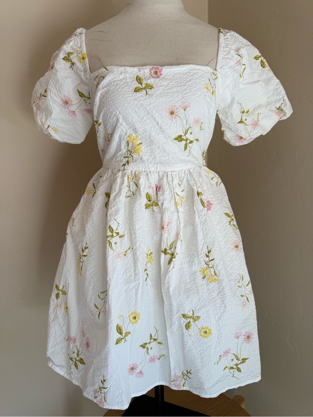 XS - miami White Mini Dress with Pink & Yellow Floral Print with Pockets